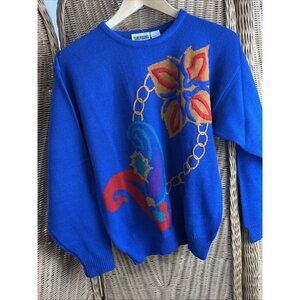 Vintage 80's Sweater Modern Crewel Poinsettia And Gold Chain Paisley Lg Corp